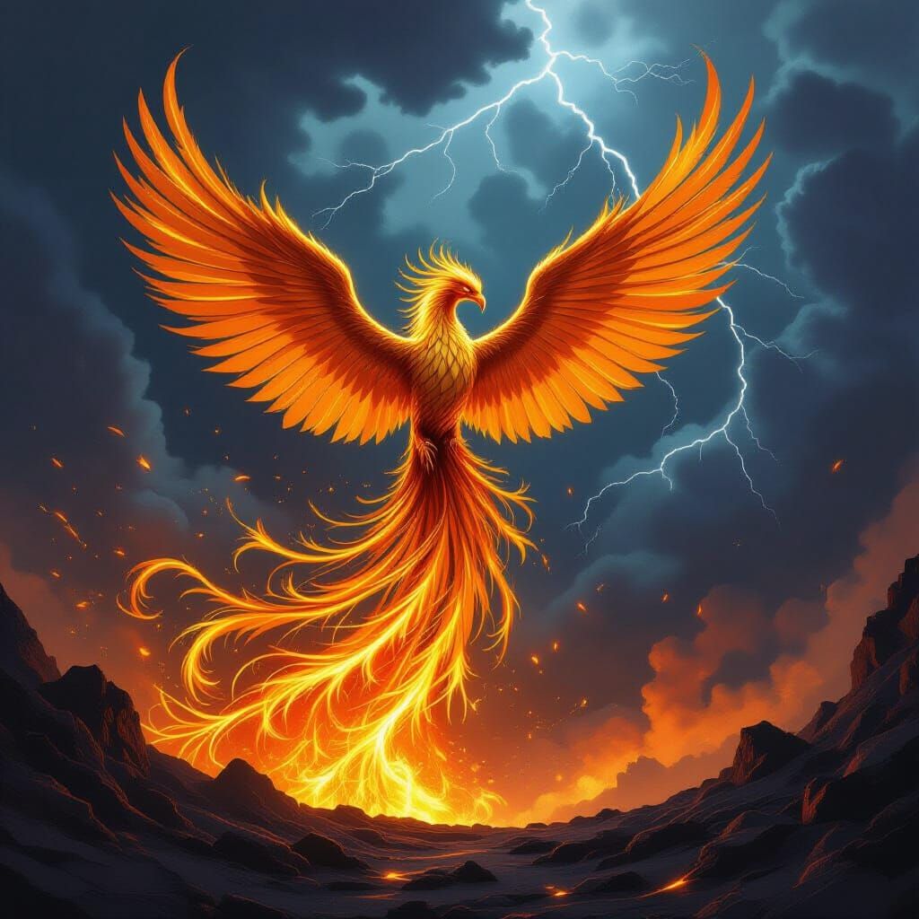 Molten Gold Phoenix Rises From Volcanic Caldera