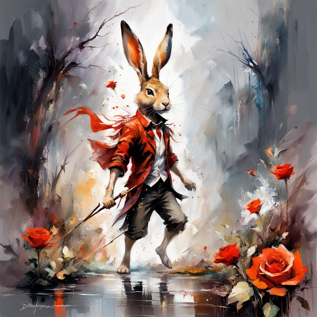 Demonic Jackrabbit in Surreal Landscape, Watercolor Art