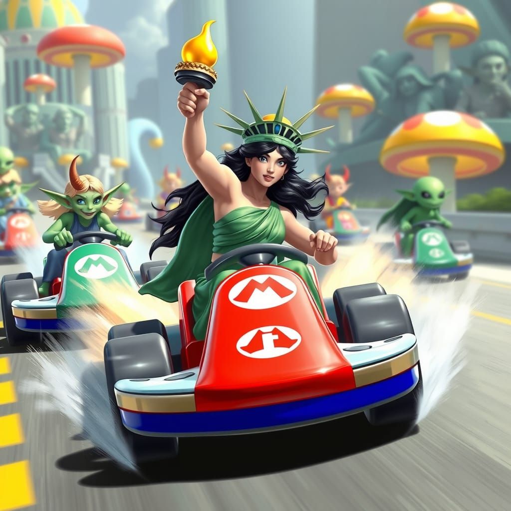 Goddess Isis Races Elves in Mario Kart