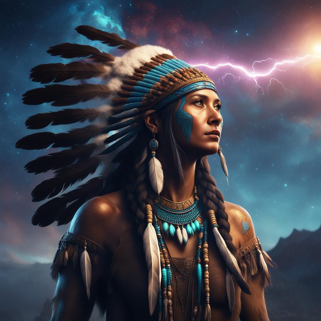 Native American Woman with Bear in Galaxy, Digital Art