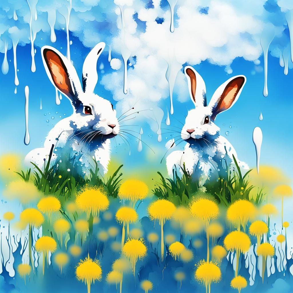 Dripping Paint Double Exposure Rabbits in Dandelion Field