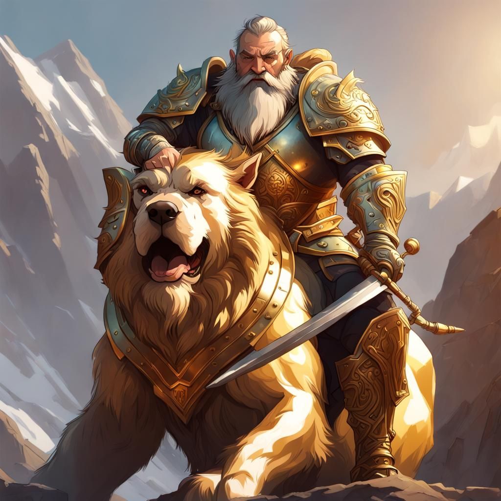 Armored Dwarf on Golden Mastiff: Digital Art Portrait