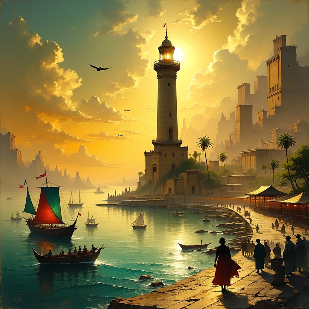 Lighthouse of Alexandria at Sunset in Engraving Style