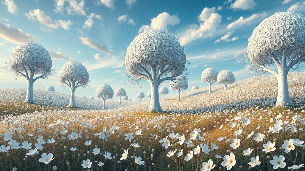 Whimsical Trees in a Dreamlike White Landscape