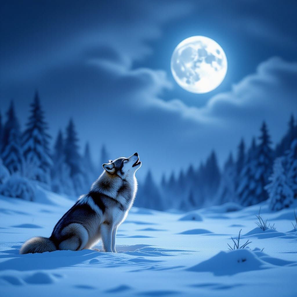 Solitary Wolf Howling at Moonlit Snowscape