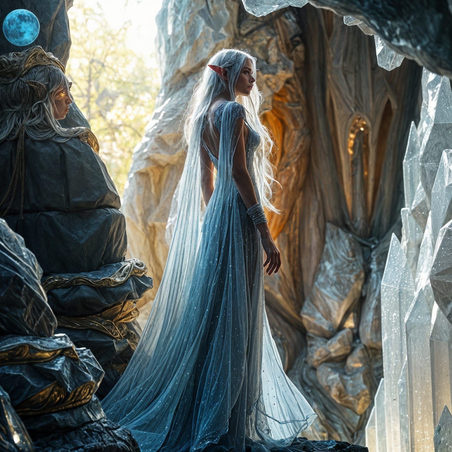 Ethereal Elven Queen in Crystal Cave of Celestial Light