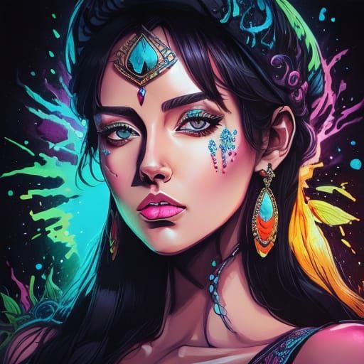 Beautiful Woman in Blacklight Alcohol Ink Style