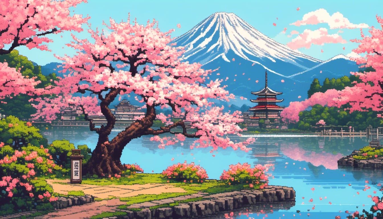 Sakura Tree by Lake with Japanese Temples