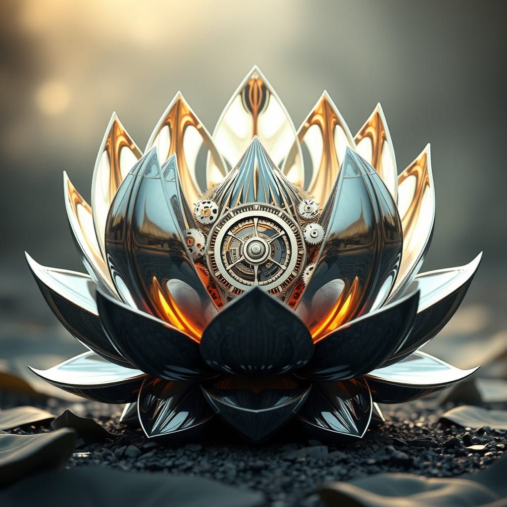 Majestic Lotus Blossom with Intricate Clockwork Mechanisms i...