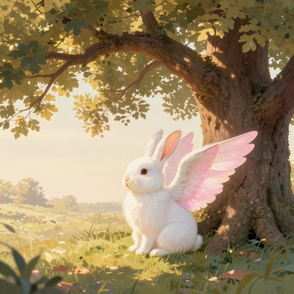 White Rabbit with Pink Wings Under Oak Tree