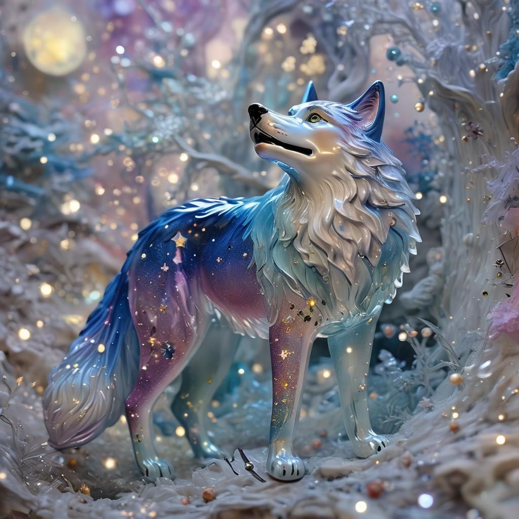 Enameled Glass Figurine of Wolf and Fairy