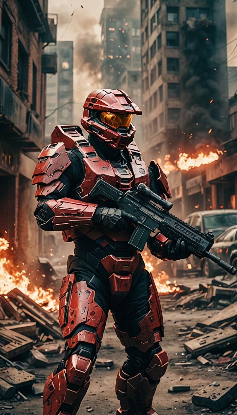 Halo Spartan in Burning City: Cinematic Film Still