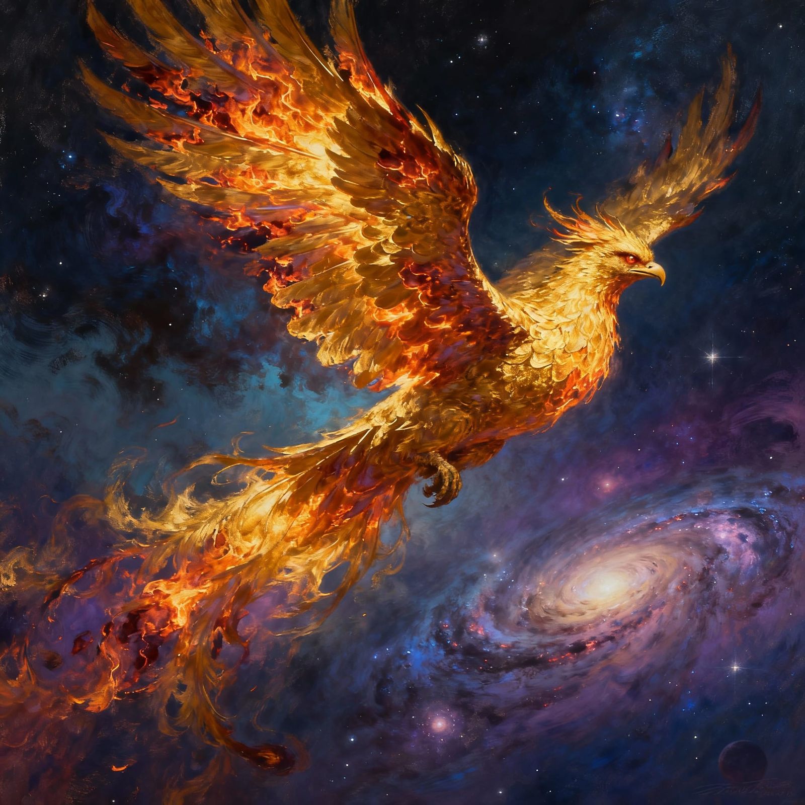 Majestic Golden Phoenix Soars Through Cosmic Twilight