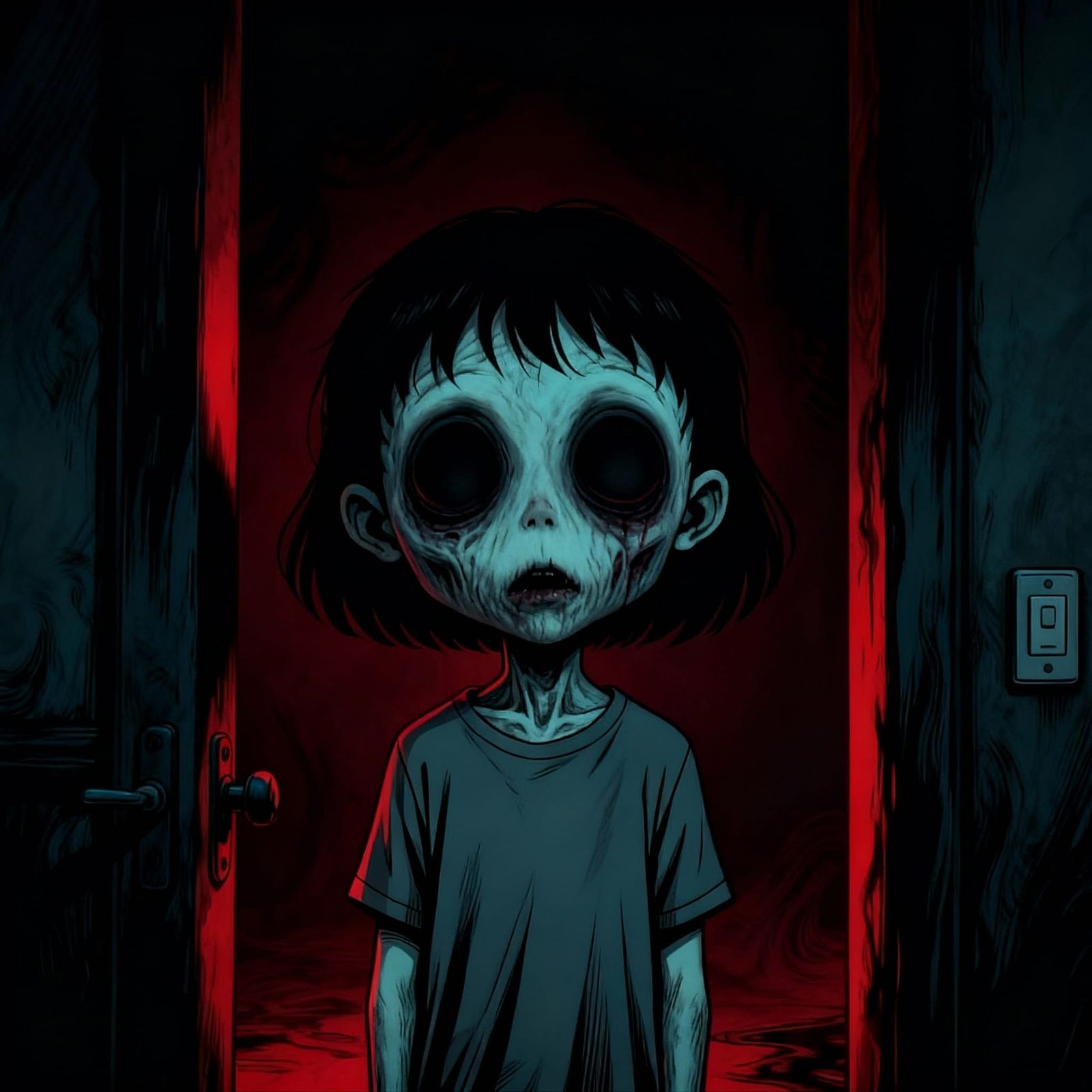 Disturbing Child in Dim Crimson Doorway, Dark Cartoon Horror...