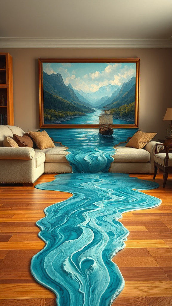 River Emerges from Oil Painting in Living Room