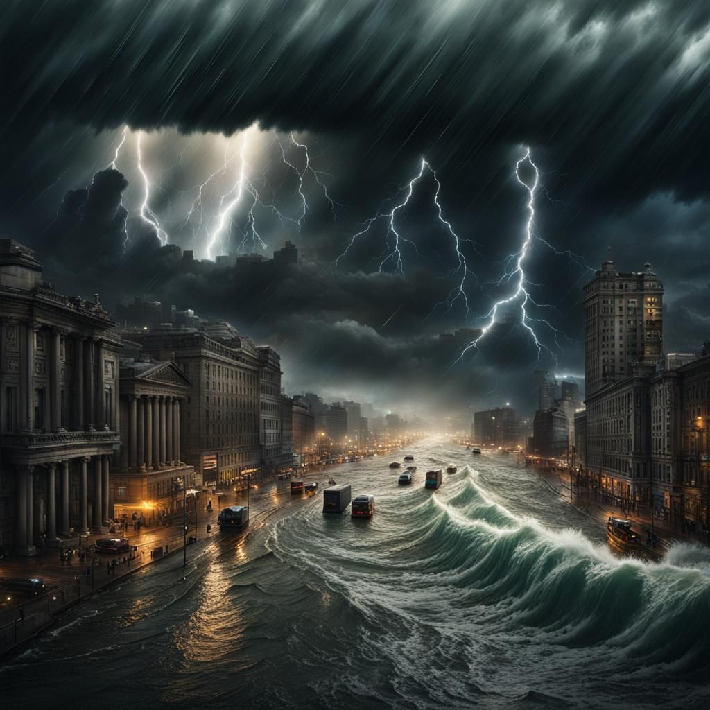 Cinematic City Flood: Giant Waves and Panic