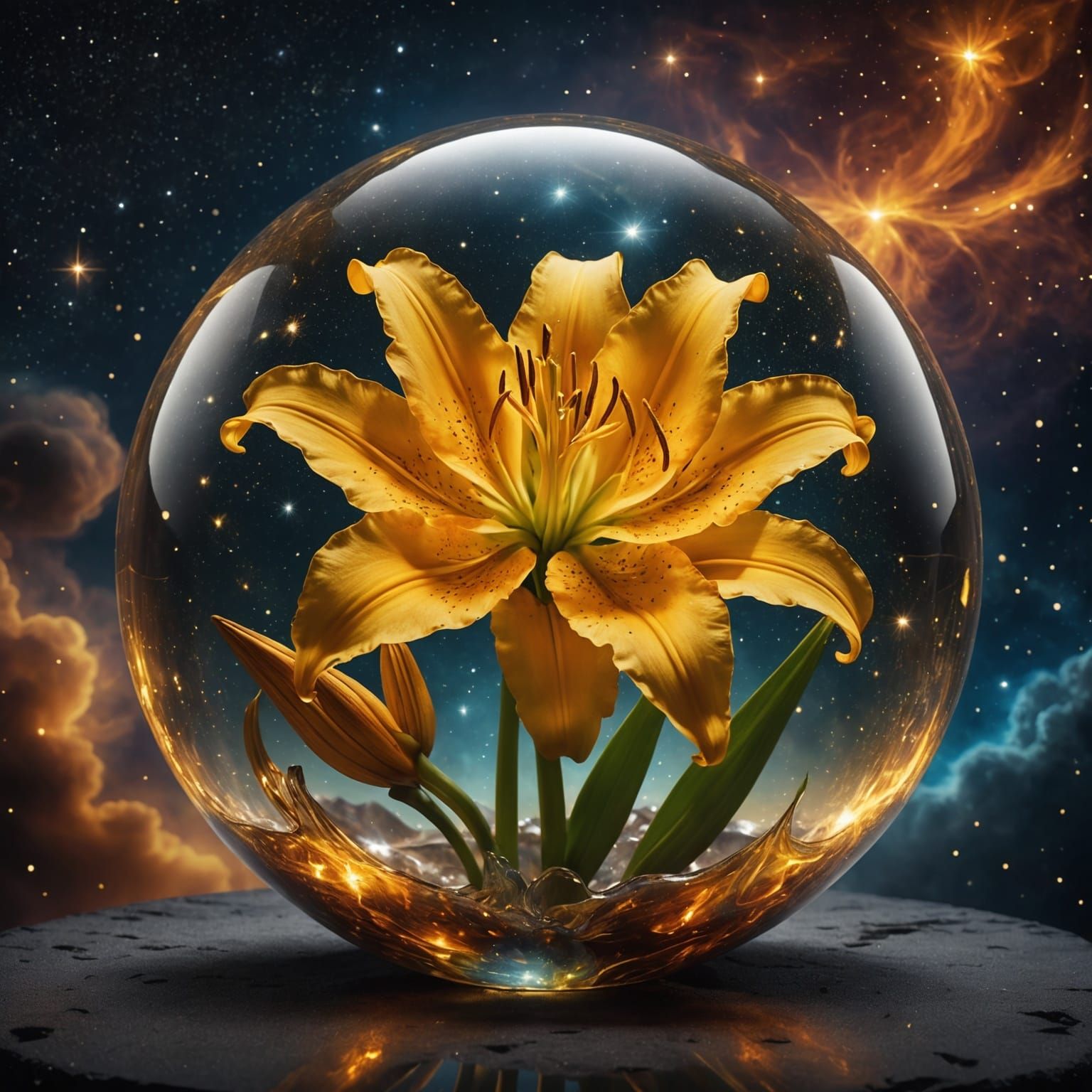Fiery Golden Lily in Glass Sphere