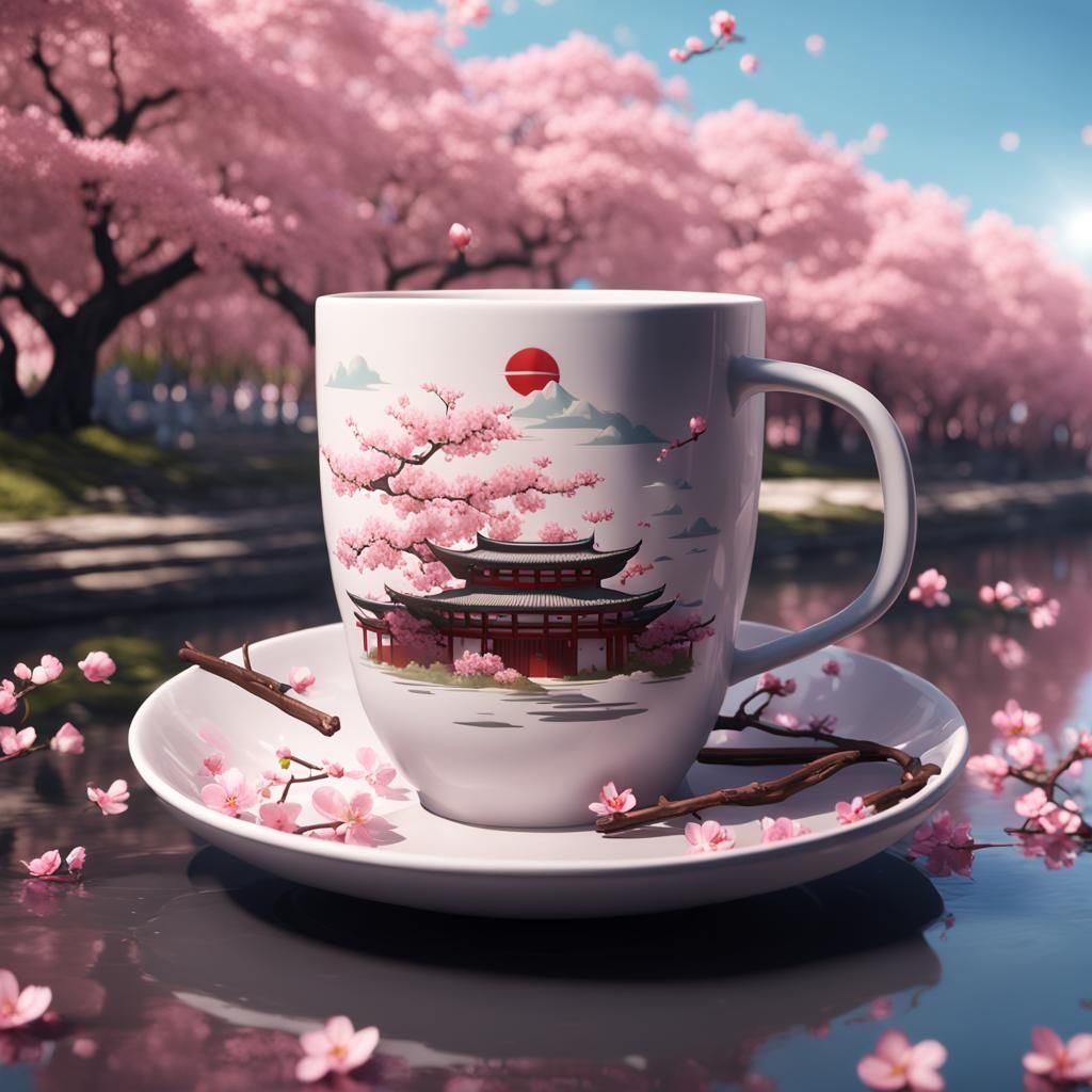 Japanese Cherry Blossom Coffee Cup Logo: Detailed Matte Pain...