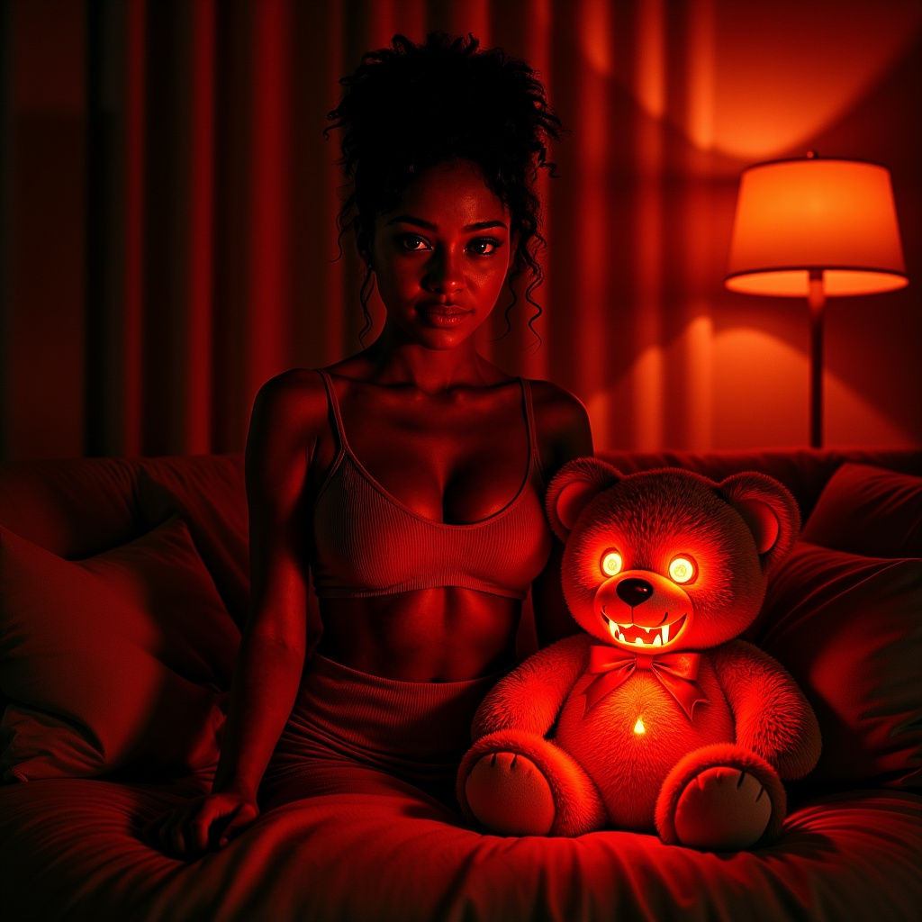 Teddy Bear with Glowing Red Eyes in Realistic Living Room