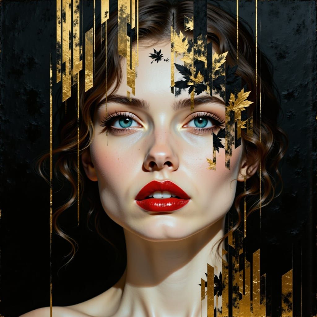 Woman's Portrait with Kintsugi Gold Lines and Aqua Eyes