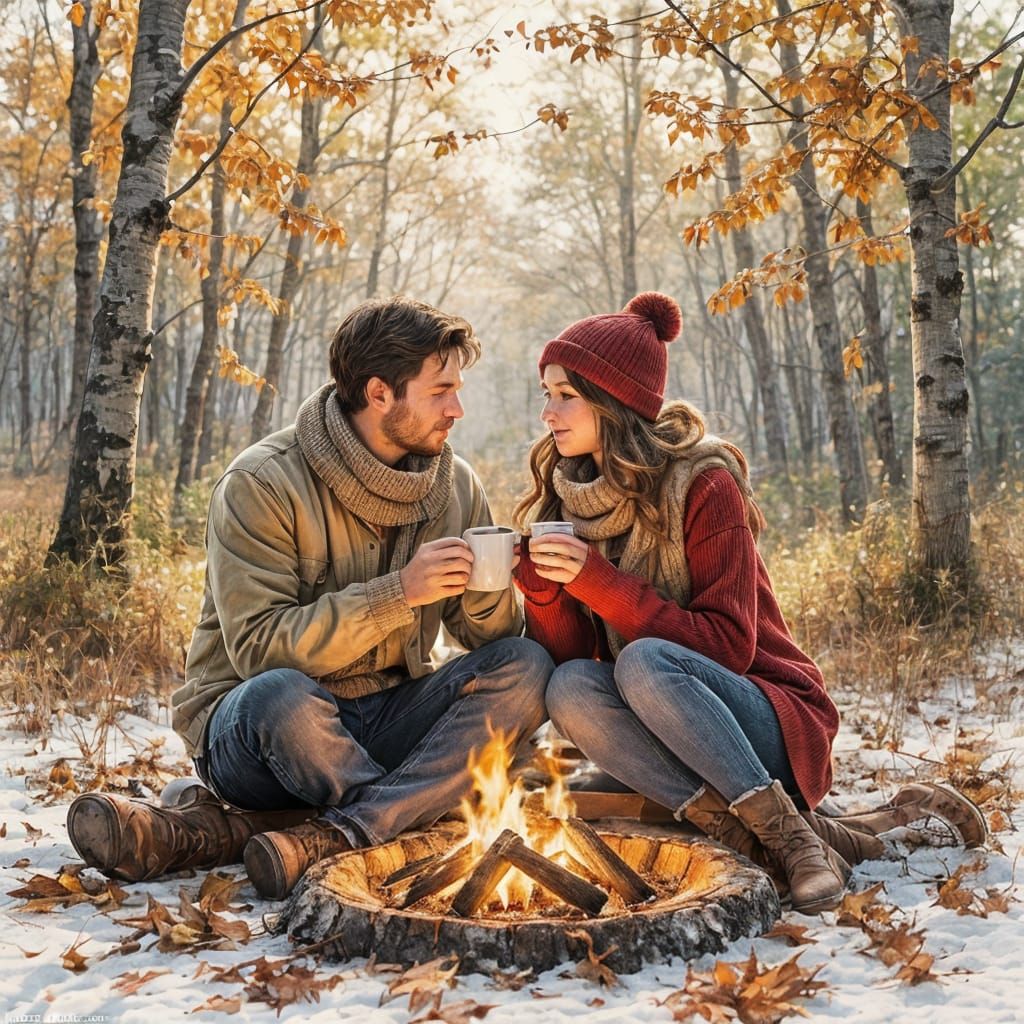 Romantic Bonfire Scene in Impressionistic Style