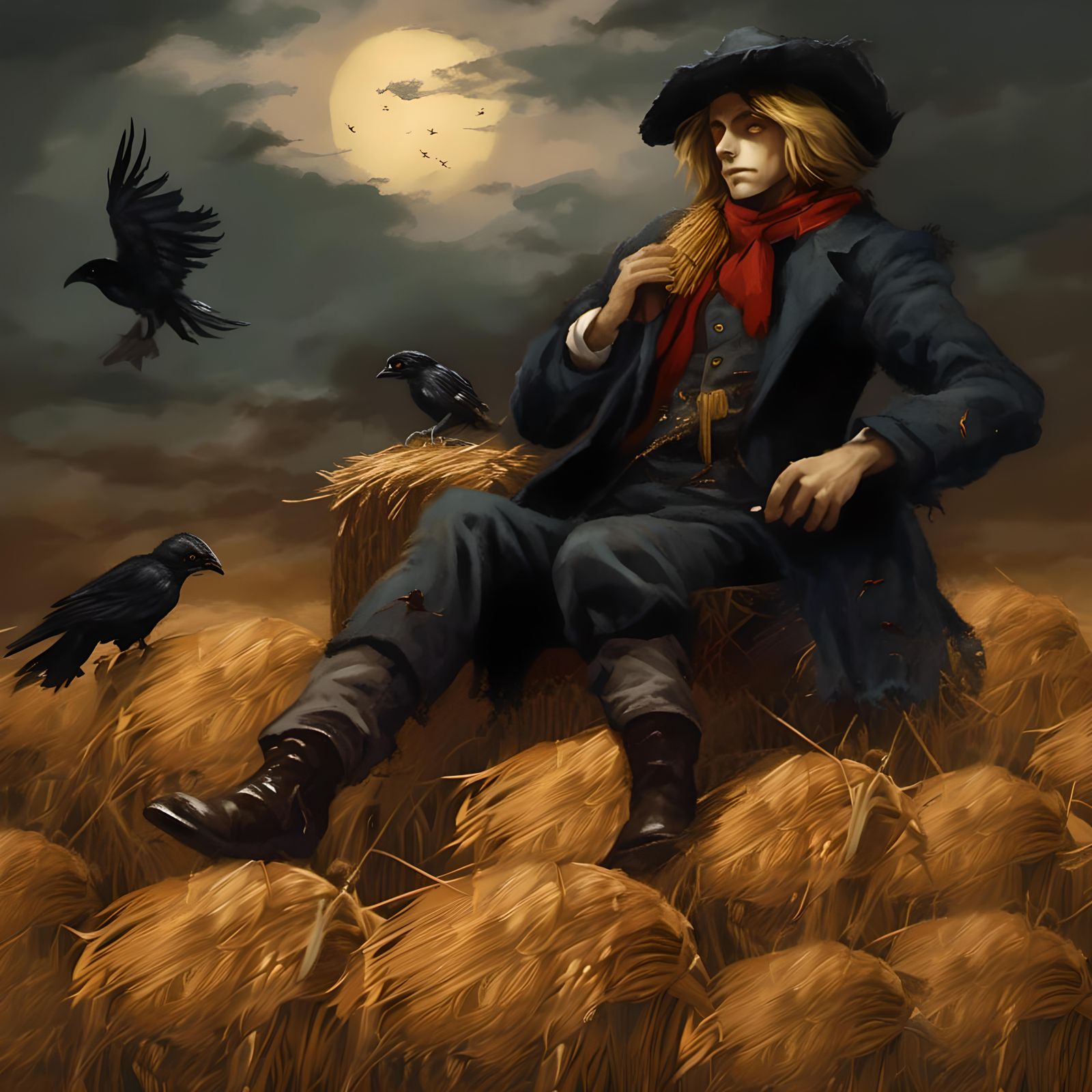 Gloomy Anime Scarecrow in Dark Field