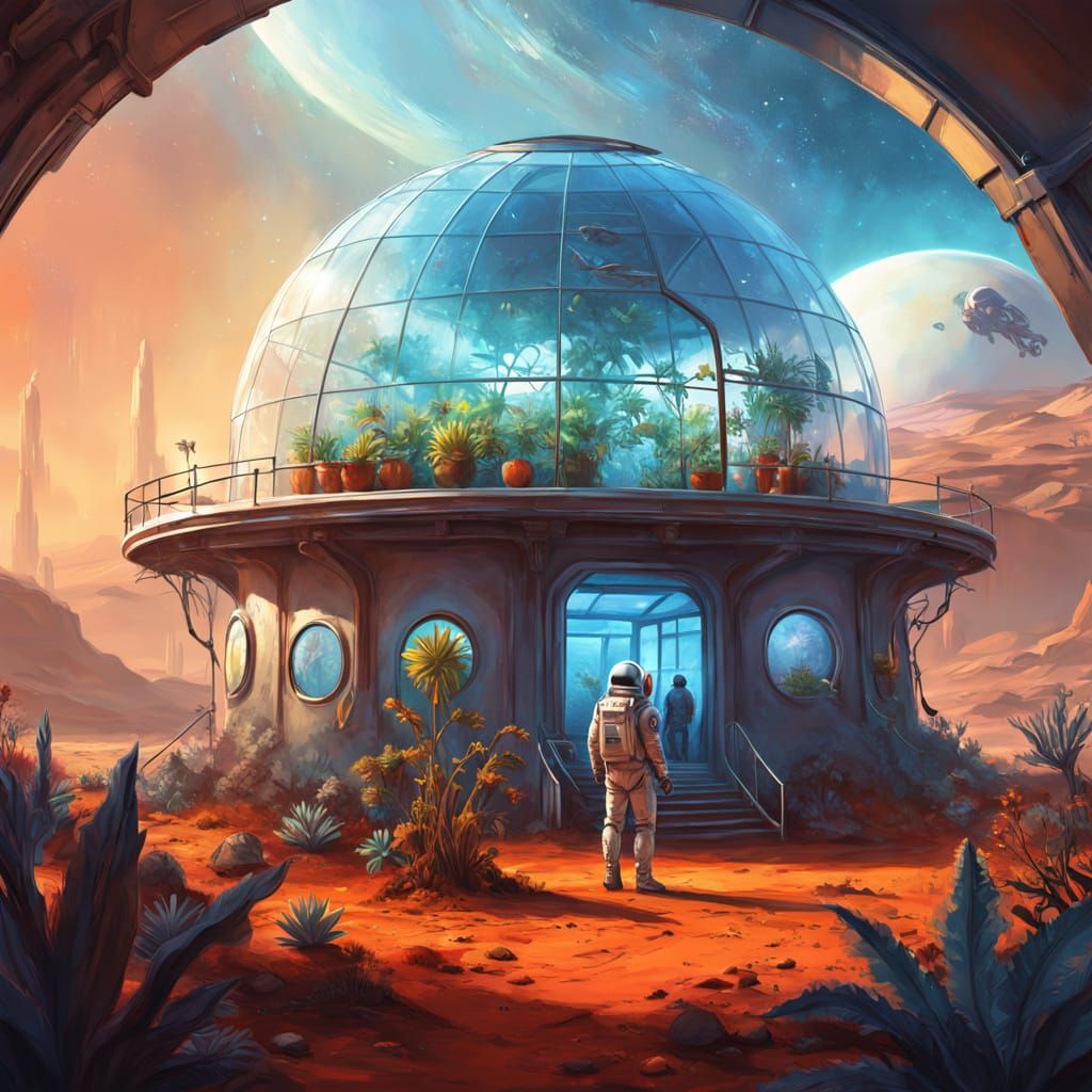 Astronaut Tends Alien Plants in Martian Greenhouse