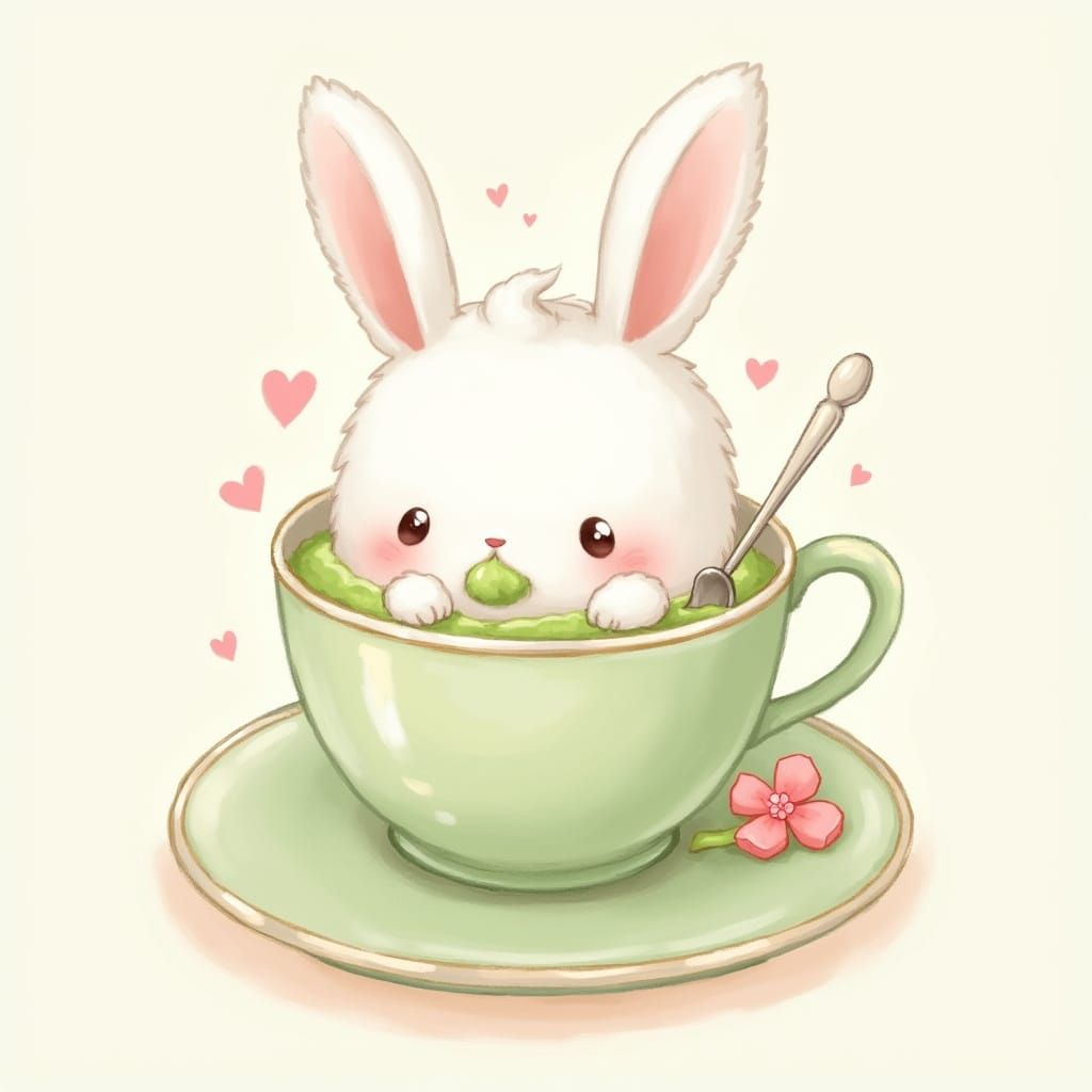 Bunny in Matcha Latte Cup: Digital Watercolor Art