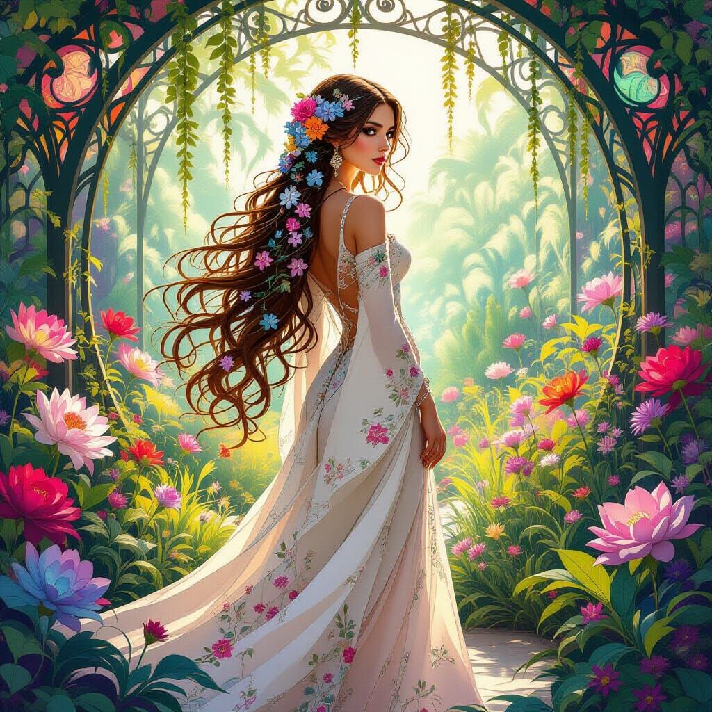 Regal Woman in Floral Hair, Art Nouveau Garden