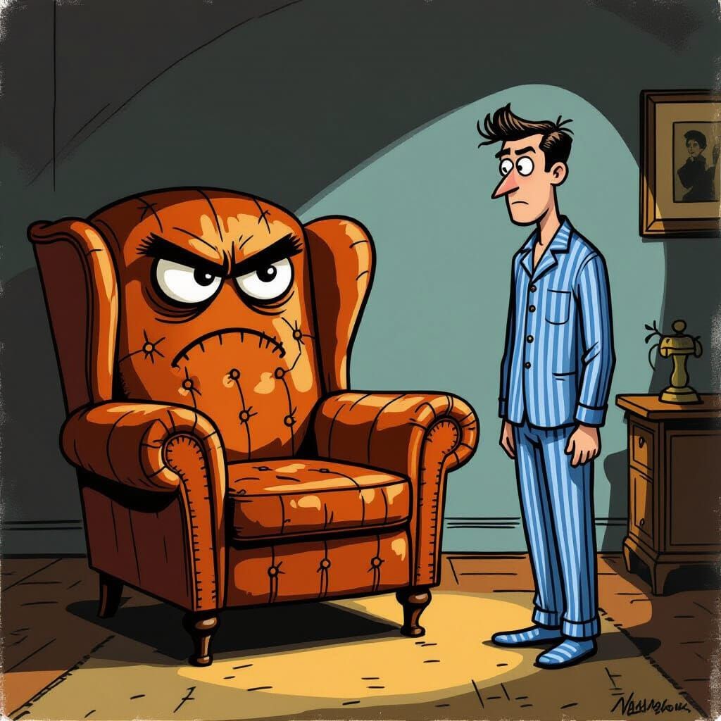 Grumpy Armchair Glaring at Man in Pyjamas
