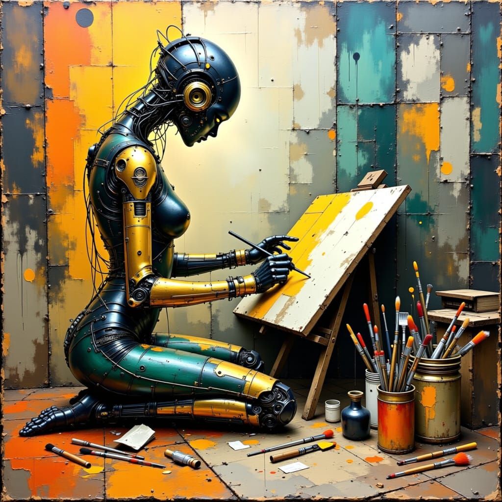 Robot Artist in Studio, Impasto Oil Painting