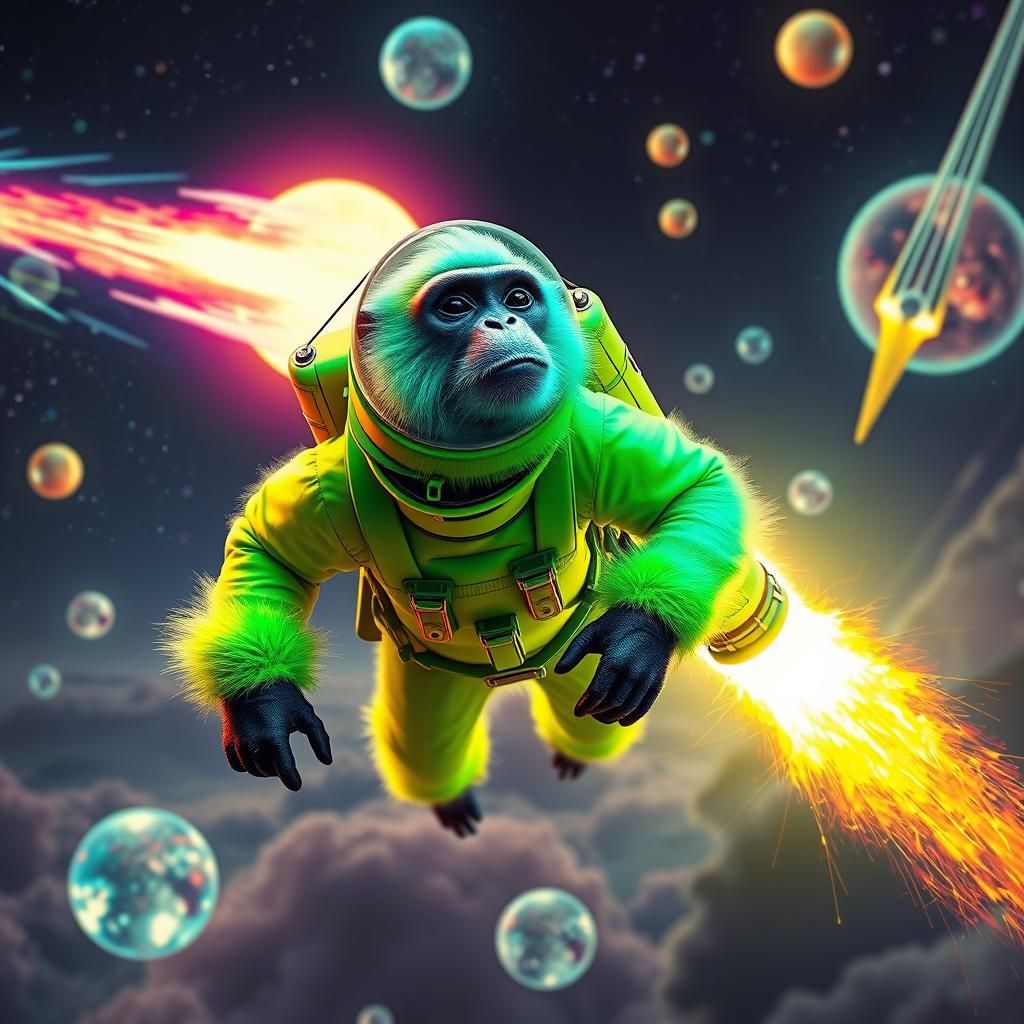 Monkey Astronaut Soaring Through a Sci-Fi Cosmos
