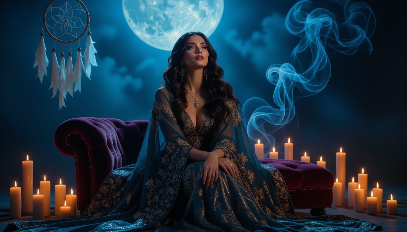 Lyra Quinn in Ethereal Moonlight Amidst Candles