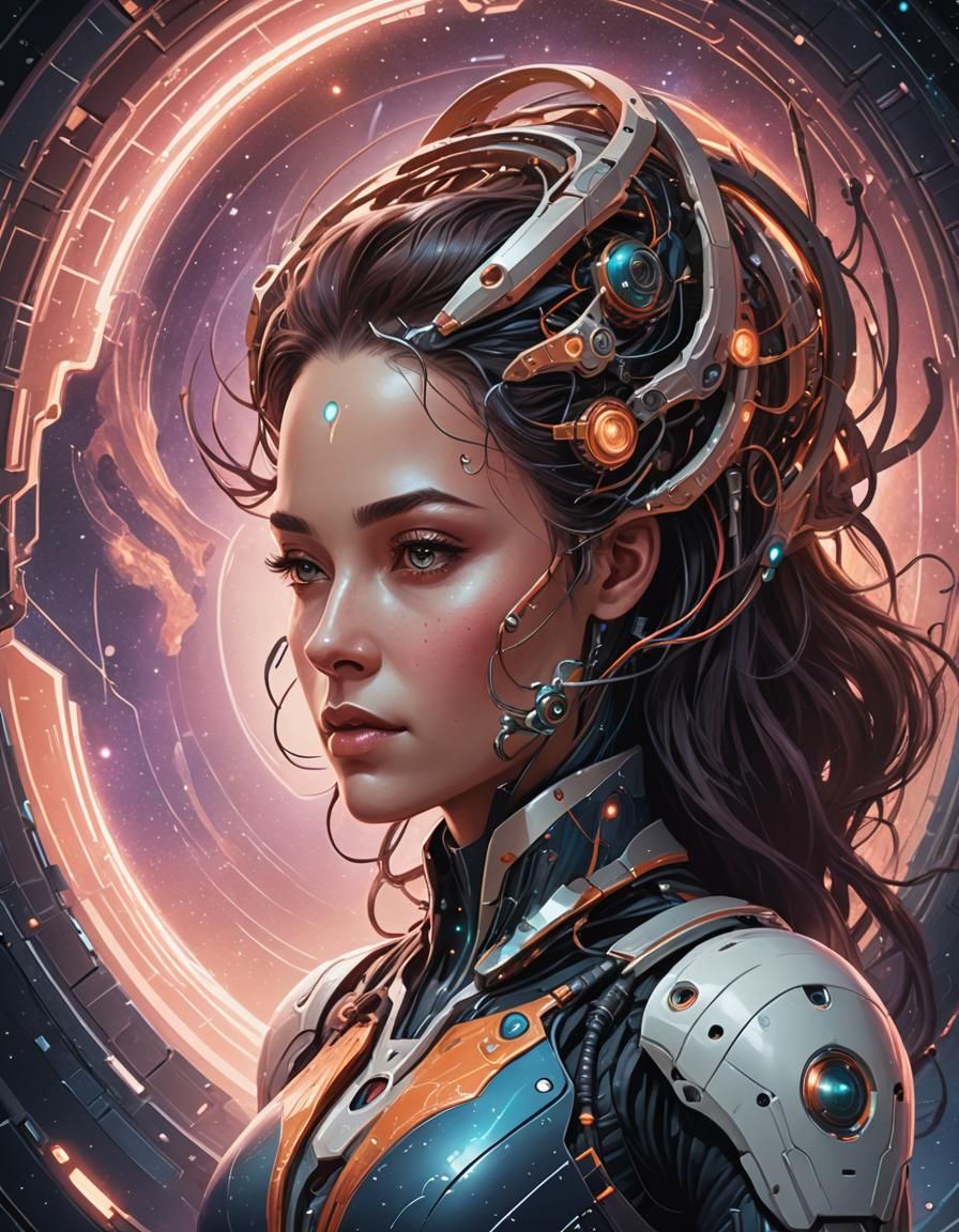 Futuristic Android Woman in Laboratory with Portal