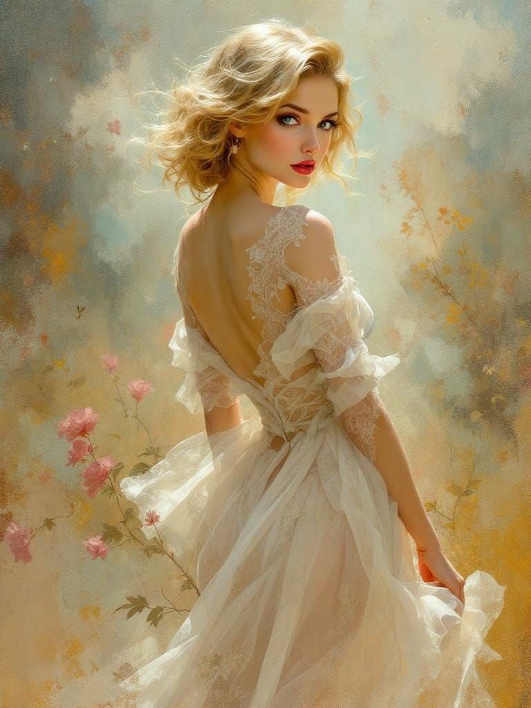 1950s Pin-Up in Mucha-Waterhouse Style