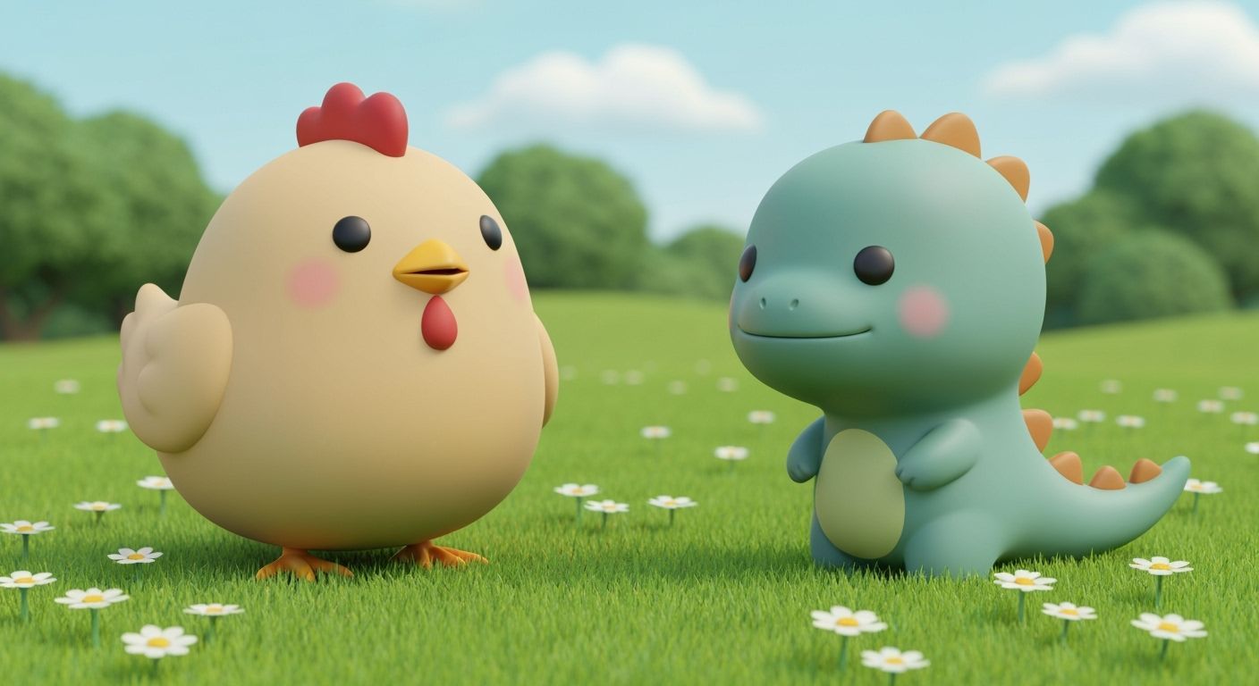 Cute Chicken Meets Shy Dinosaur in Wildflower Meadow