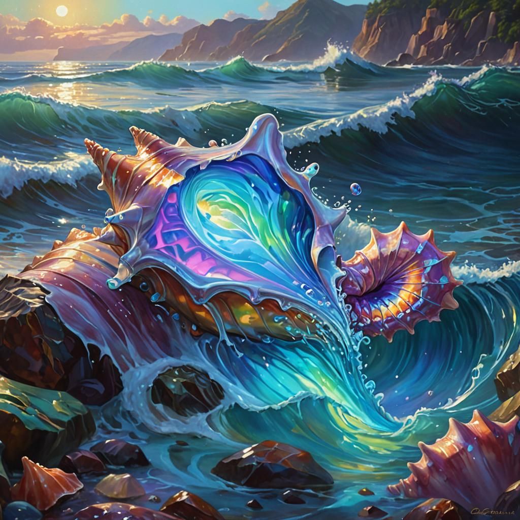 Rainbow Conch Plunging into Gemstone Sea, Oil Painting