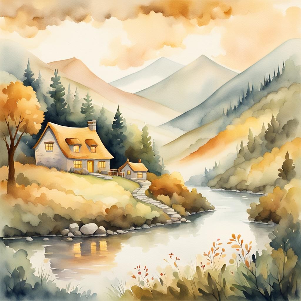 Idyllic Cottage by River: Whimsical Watercolor Illustration