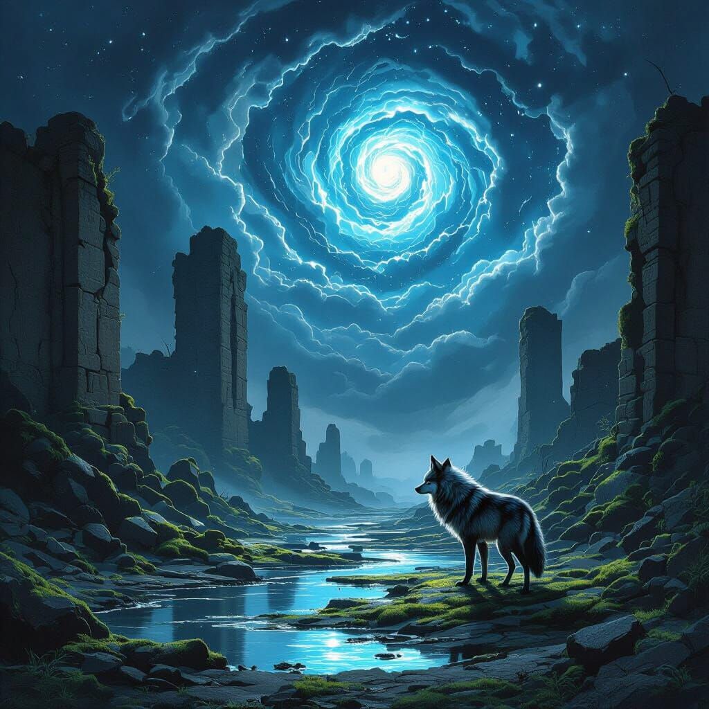 Lone Wolf at Ancient Ruins Under Cosmic Sky
