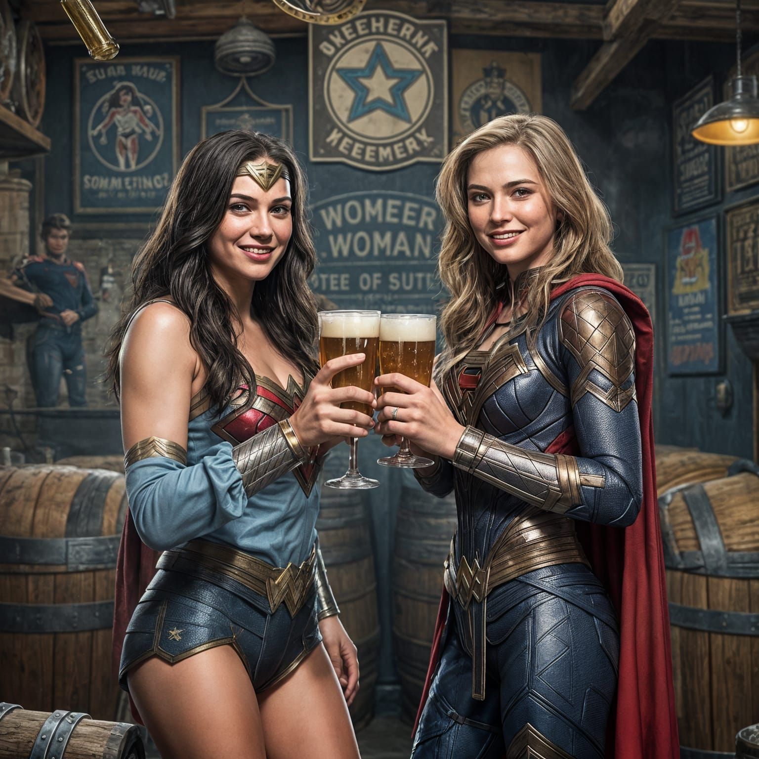 Wonder Woman and Supergirl Enjoying Beer