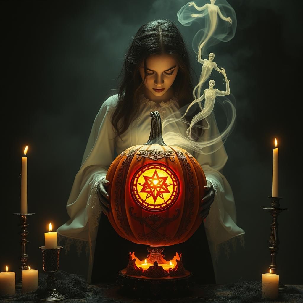 Woman Summons Spirits from Ornate Halloween Pumpkin