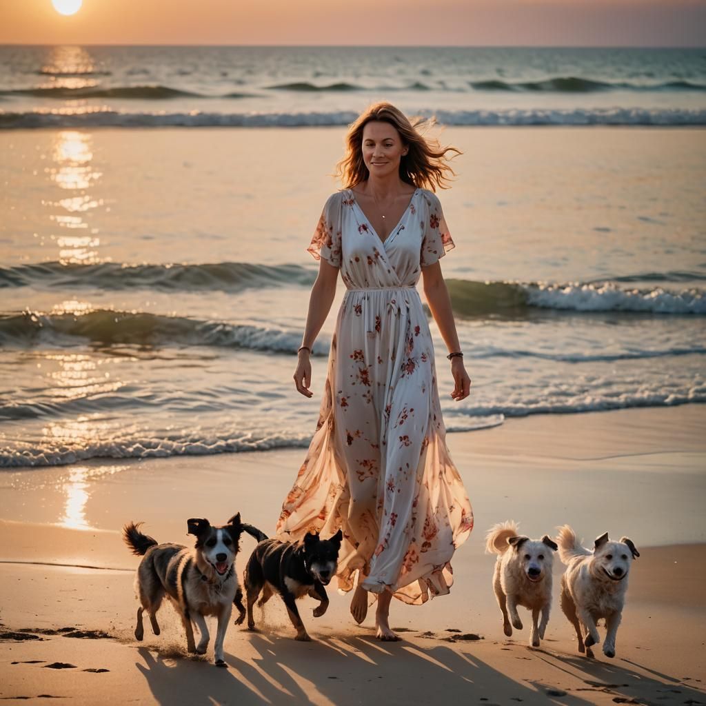 Woman Walking on Beach with Dogs at Sunset