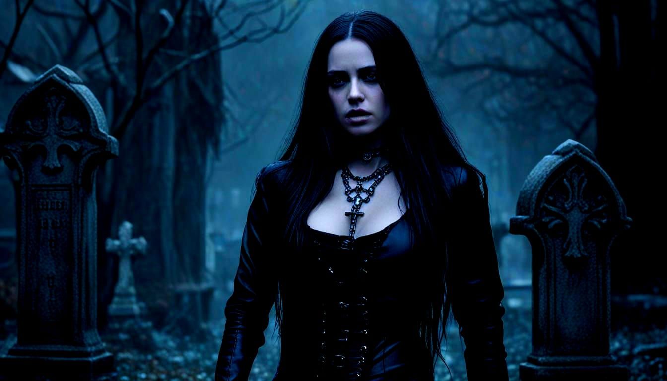 Gothic Portrait of Woman in Cemetery with Blue Rain