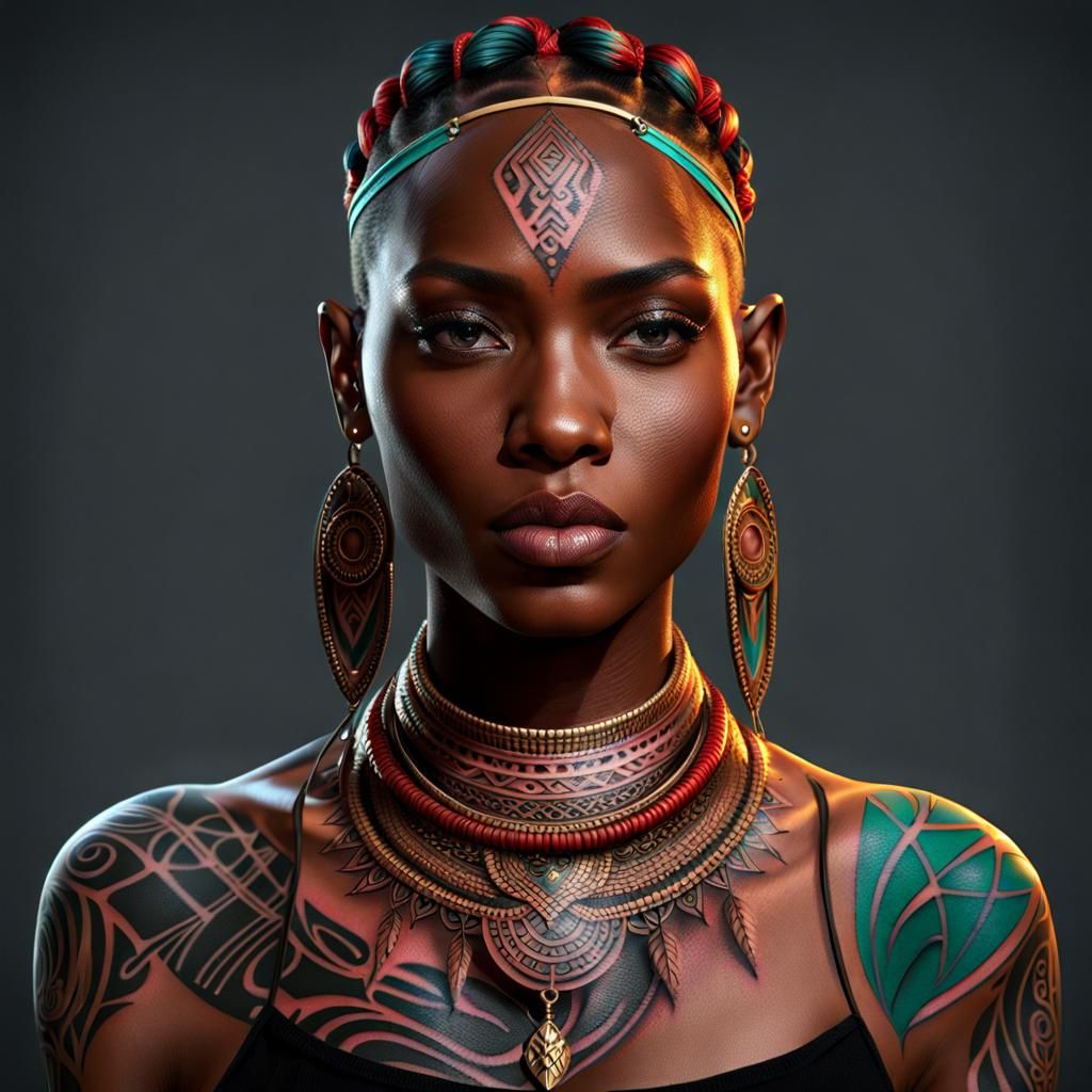 African Tribal Girl Portrait with Tattoo, Detailed Digital A...