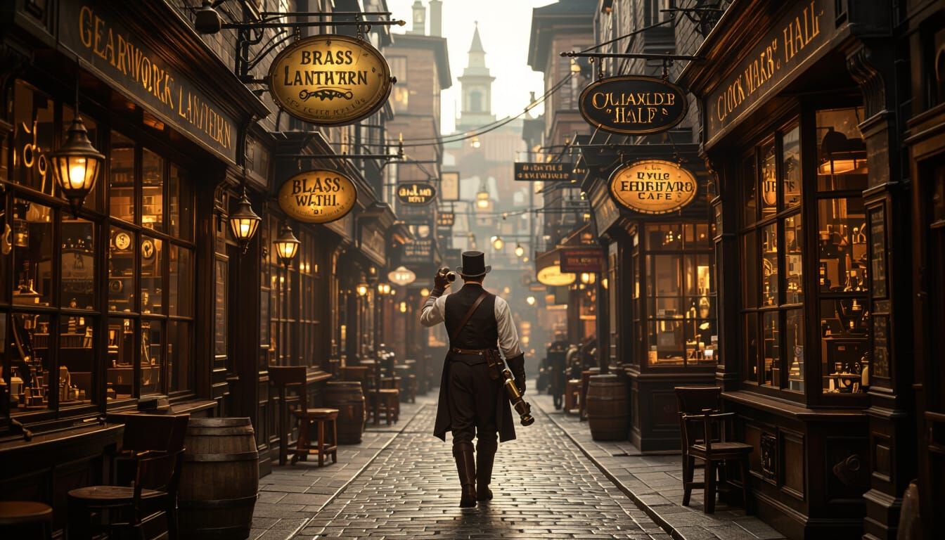 Steampunk Inventor on a Cobbled Street