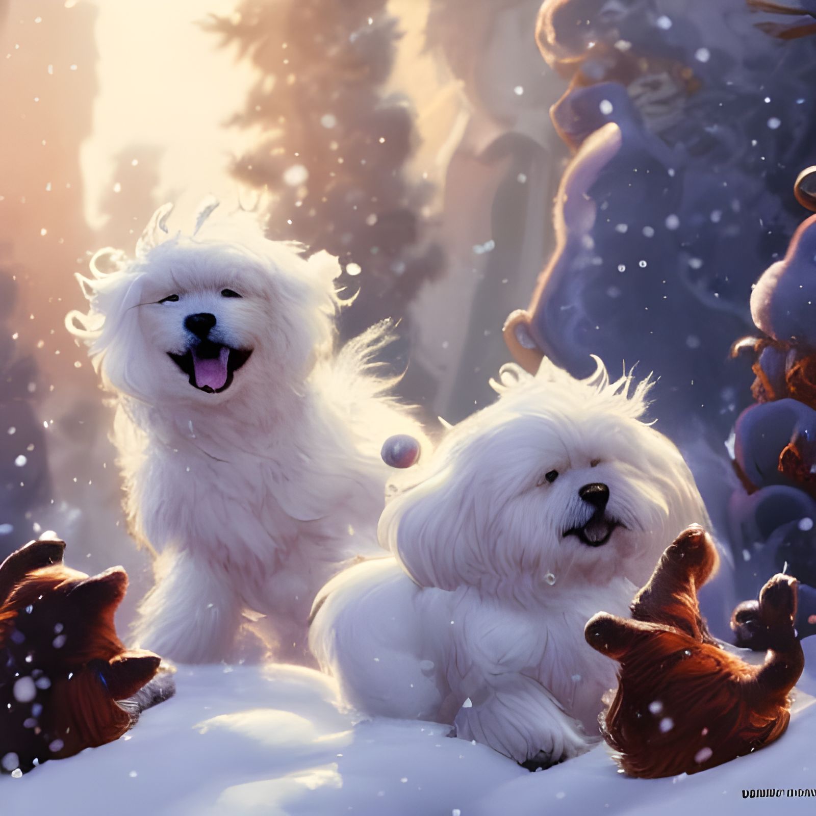 Fluffy Dogs Play in Winter Snow: Digital Art