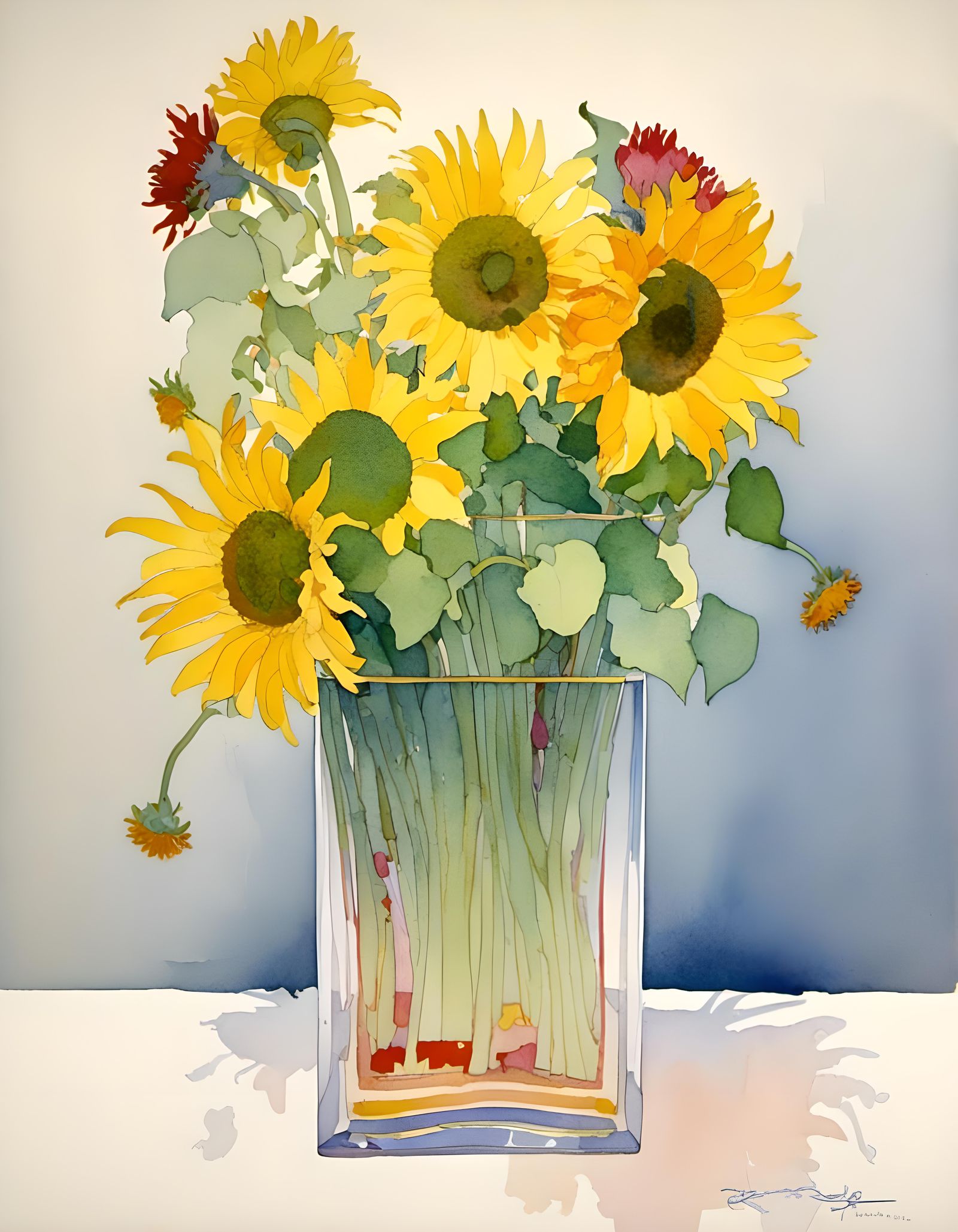 Watercolor Sunflowers in Square Vase