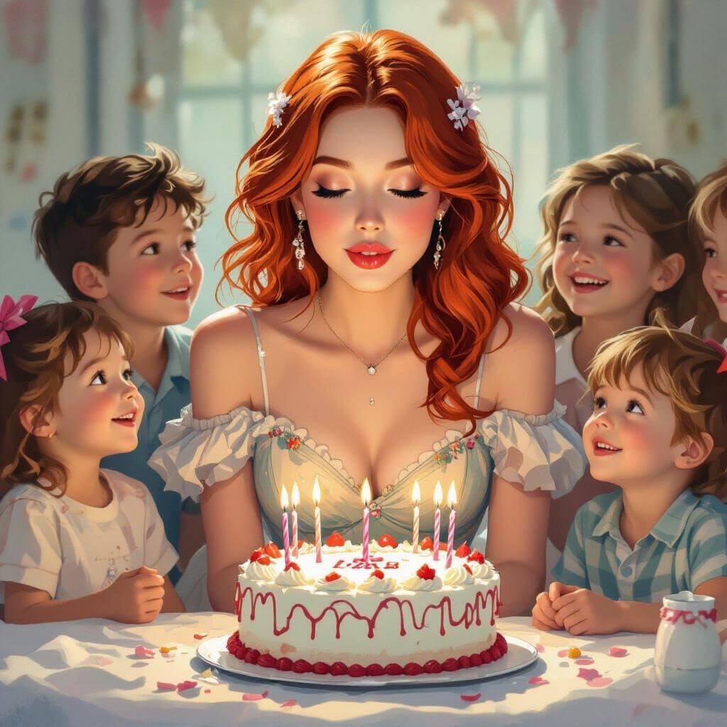 Crimson Haired Woman's Birthday in Rockwell Style