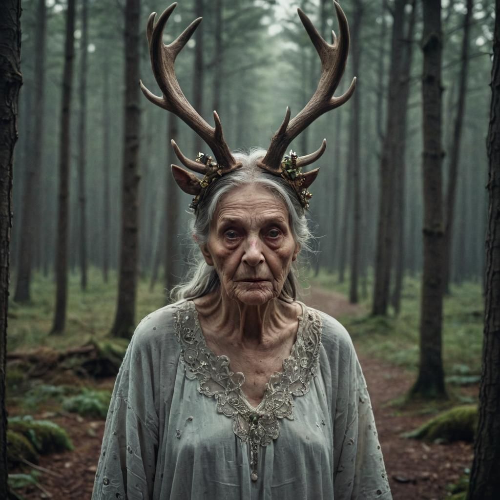 Old Woman with Antlers in Forest, Natural Light Photo