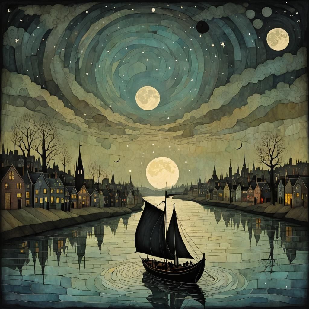 Melancholic River Thames Boat Silhouette: Modern Ink Paintin...